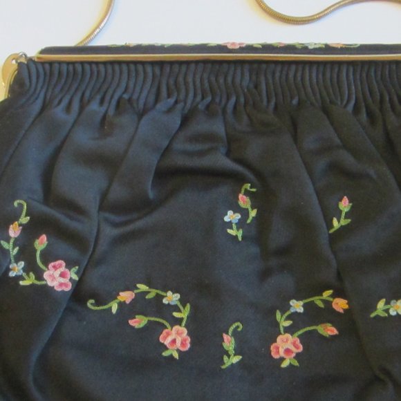 Art Deco Paris Gants Saint Roch Hand Made Black Satin French Embroidered Purse - Picture 9 of 11